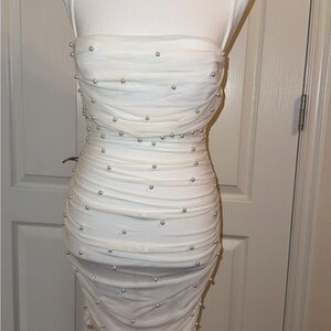 Privy White Strapless Dress with Pearl Details